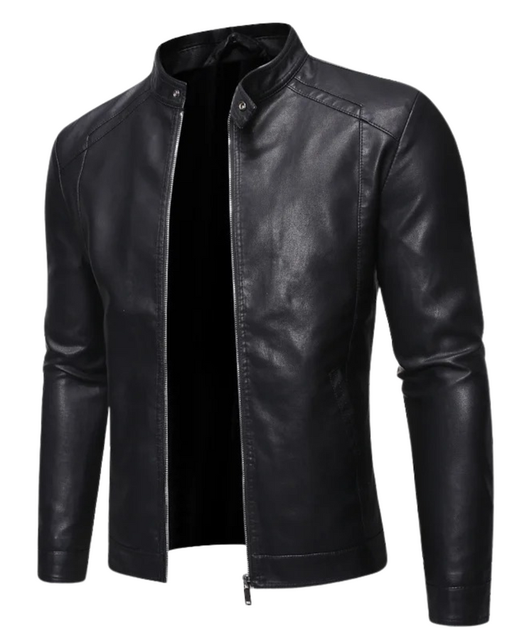 Leather jacket with standing collar