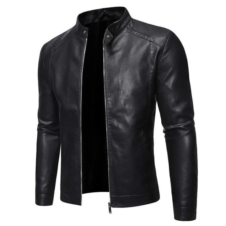 Leather jacket with standing collar