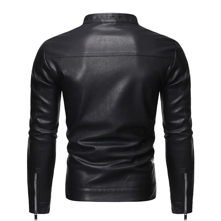 Leather jacket with standing collar