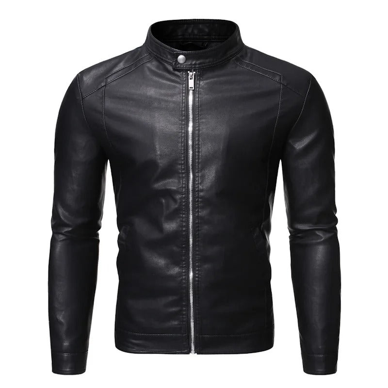 Leather jacket with standing collar