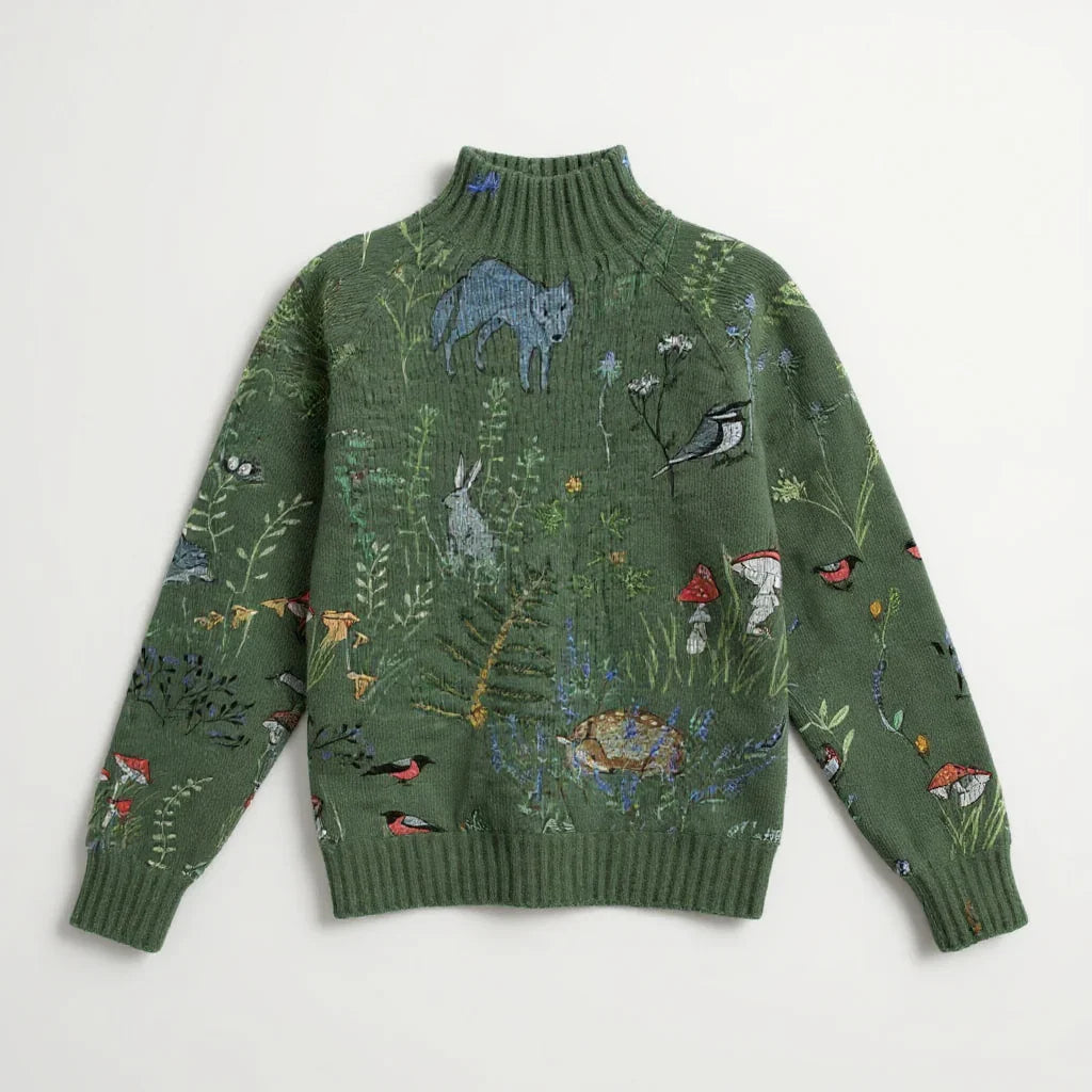 Olivia Mae™ | Cozy Knitted Sweater with Forest-Inspired Print
